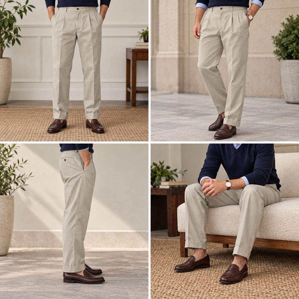 Brooks Brothers Advantage Chino Thompson Pants Mens 33x32 Beige Pleated Cuffed